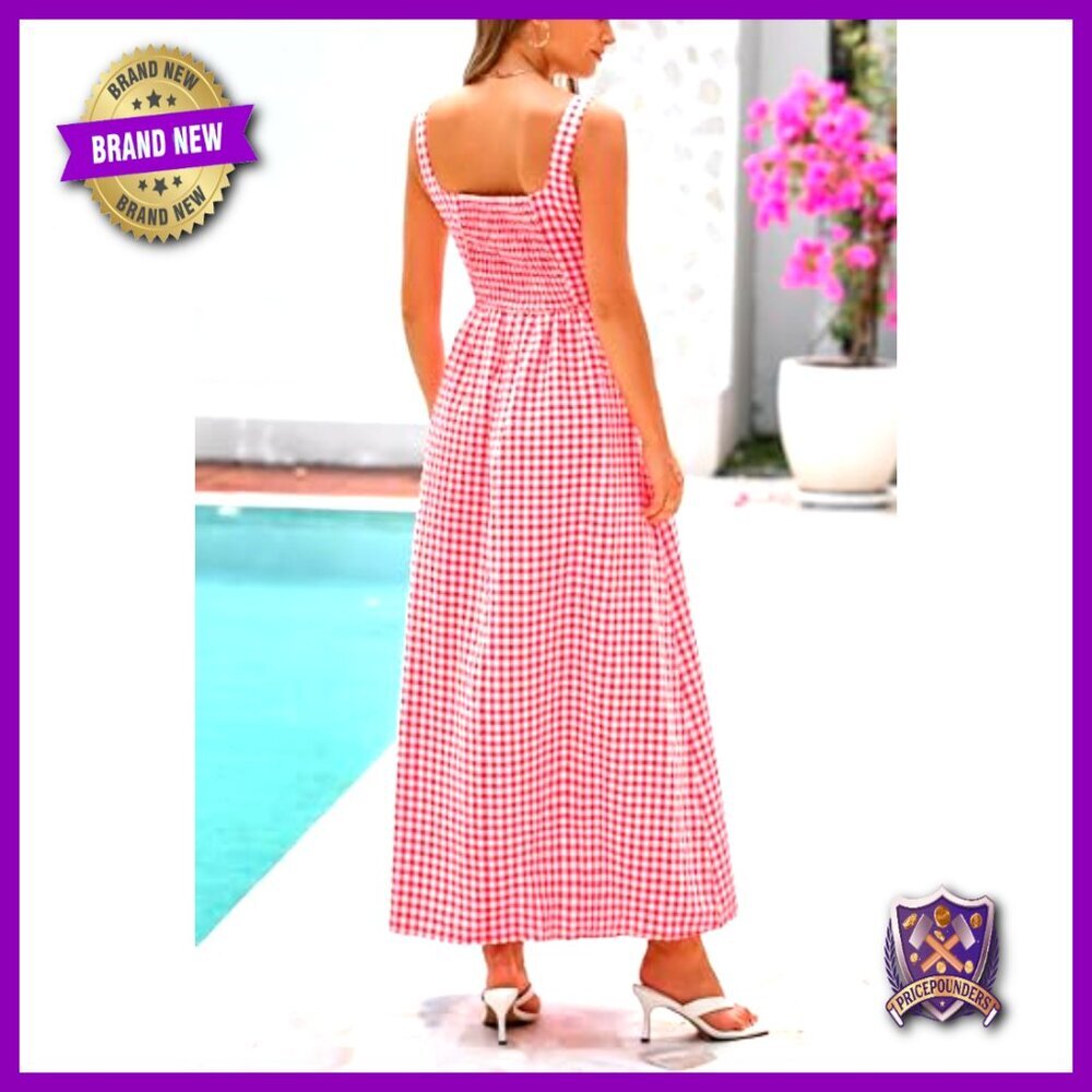 Plaid Square Neck Maxi Dress Spaghetti Strap Smocked Back A-Line Casual - Picture 2 of 7